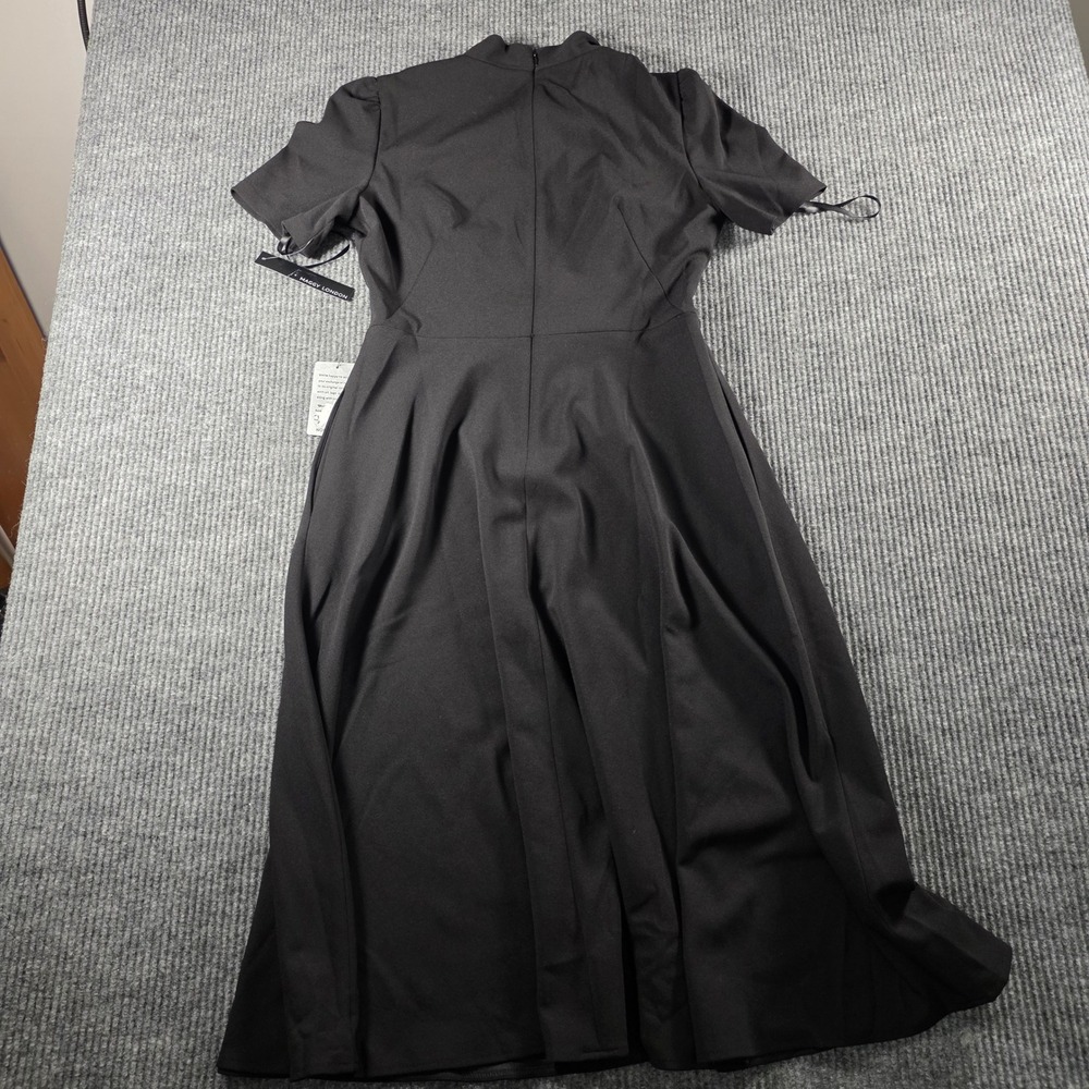 Maggy London Black Tie Neck Midi Dress Short Puff Sleeve Fit Flare Size 8 NEW - Picture 6 of 6